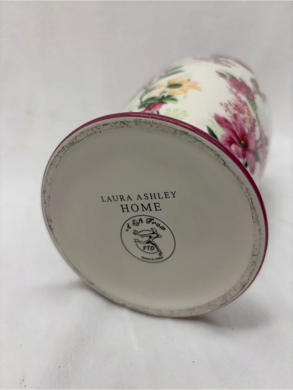 Laura Ashley White Ceramic Vase with Pink Floral Accents